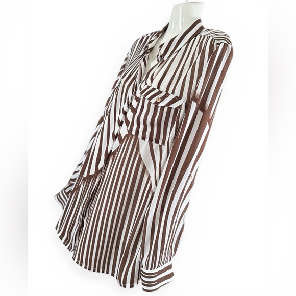 Striped Brown and White Women's Button-Up Shirt - Picture 4 of 12